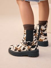 Cow Print Standard Fit (F) Leather Chunky Harness Boots - Image 1 of 8