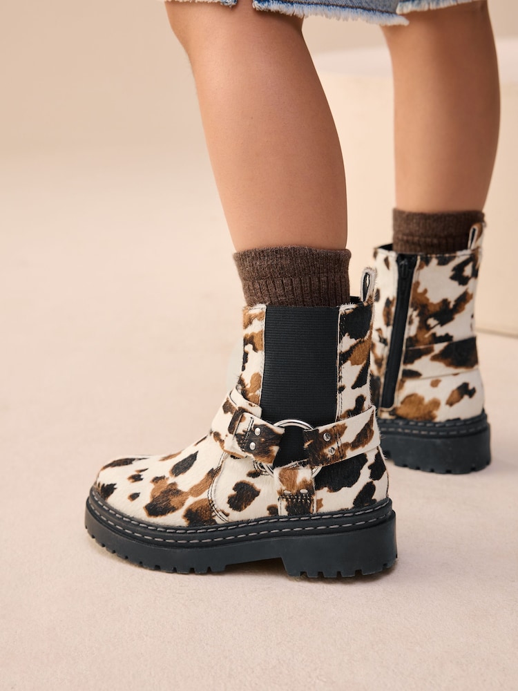 Cow Print Standard Fit (F) Leather Chunky Harness Boots - Image 1 of 8