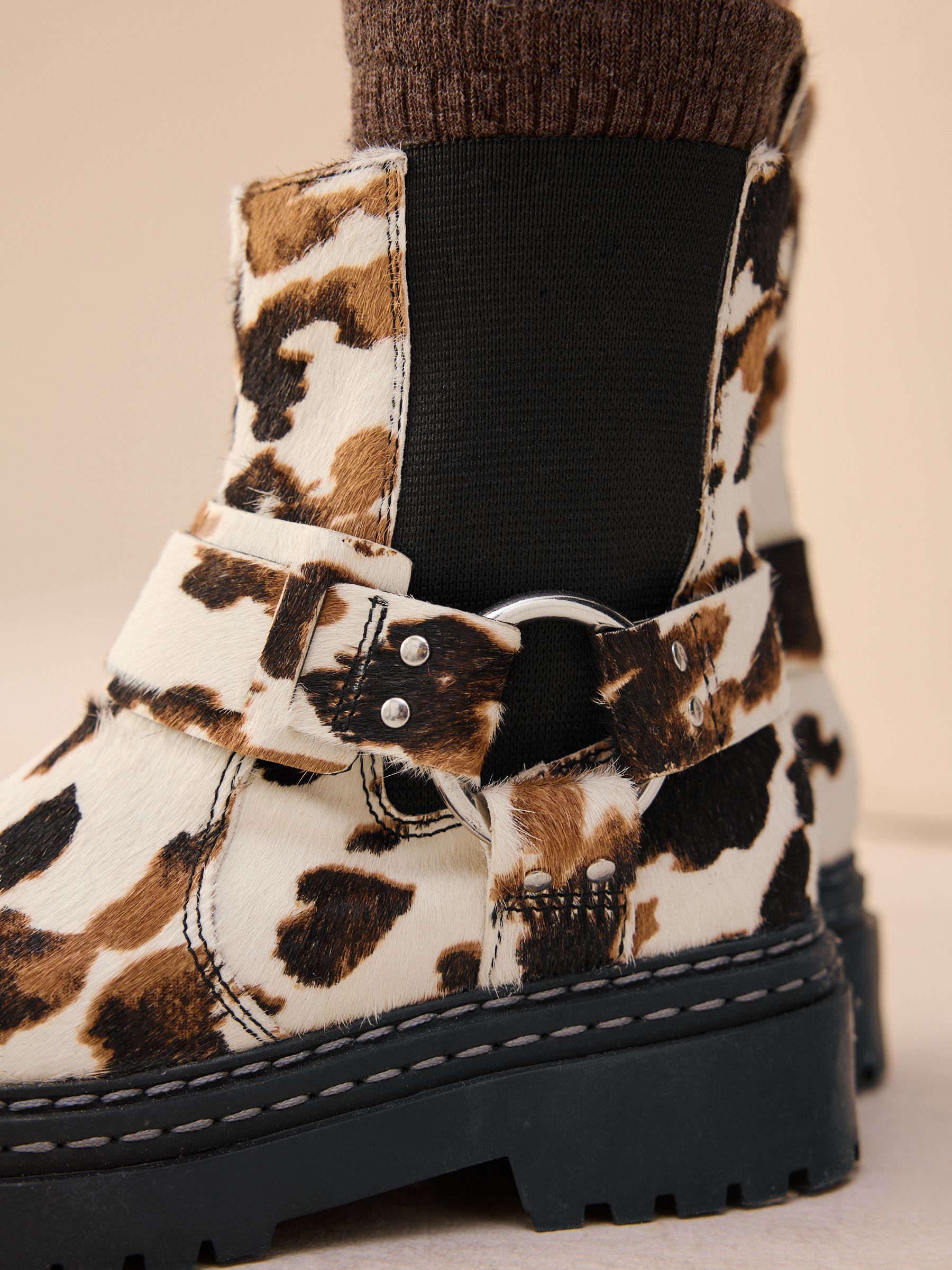 Buy Cow Print Standard Fit (F) Leather Chunky Harness Boots from