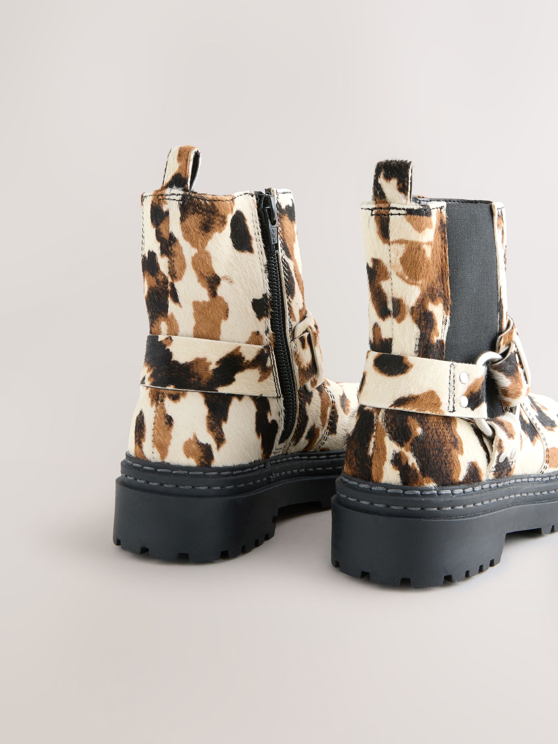 Buy Cow Print Standard Fit (F) Leather Chunky Harness Boots from