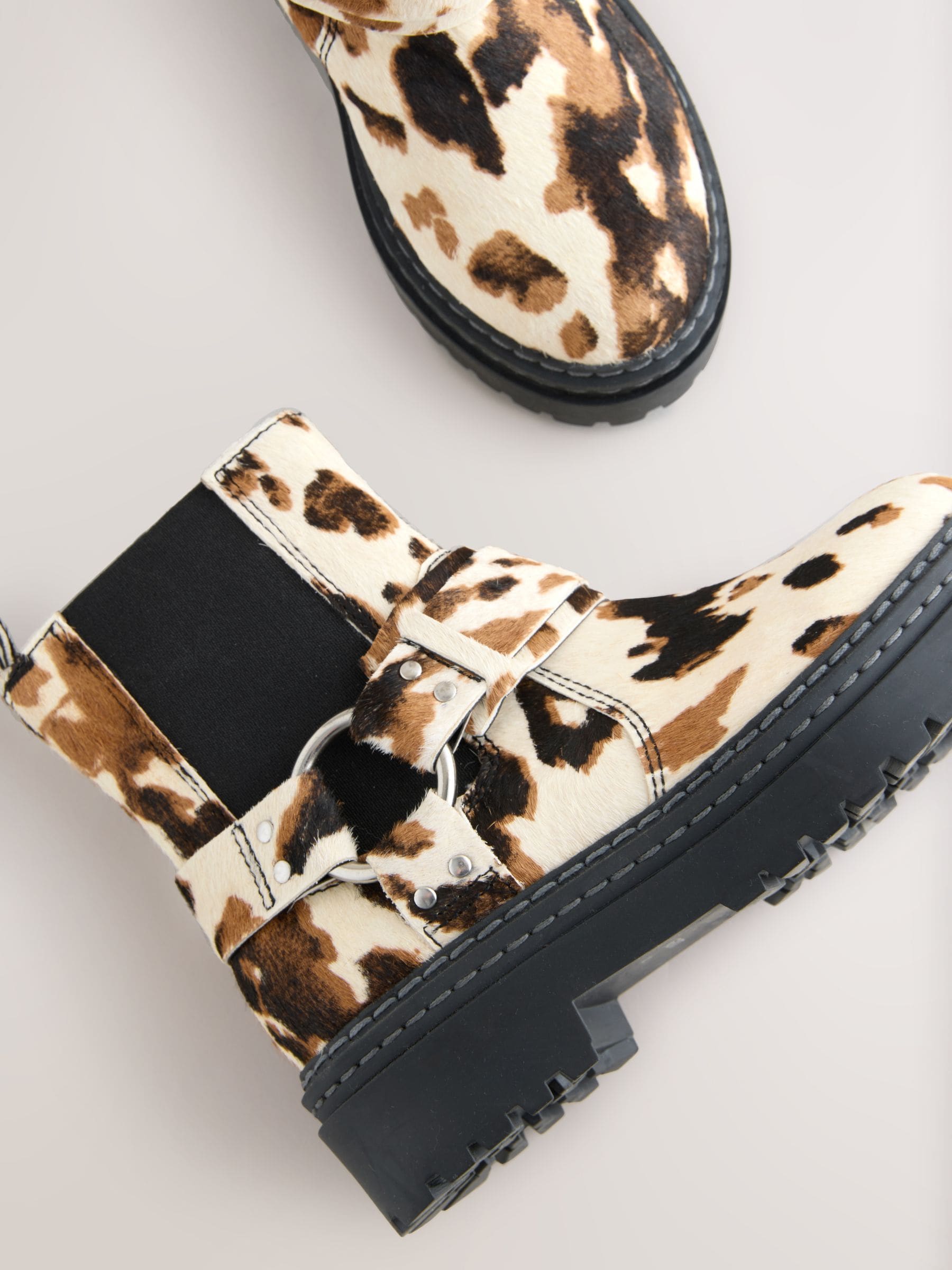 Buy Cow Print Standard Fit (F) Leather Chunky Harness Boots from