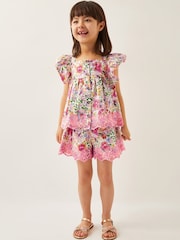 Monsoon Pink Floral Broderie Top and Shorts Set - Image 1 of 4