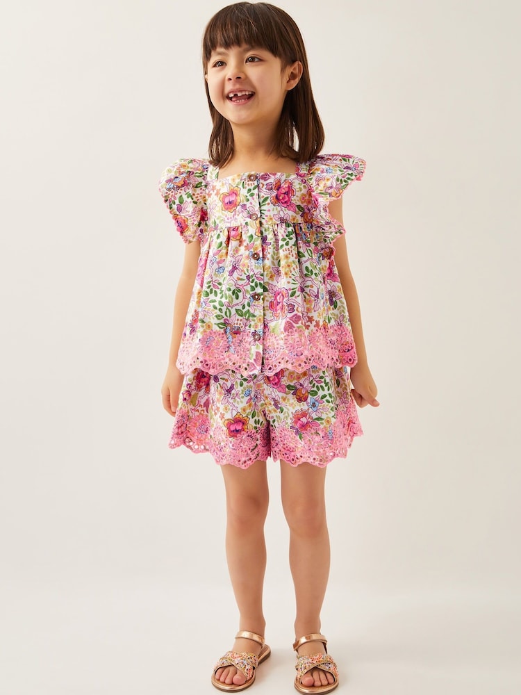 Monsoon Pink Floral Broderie Top and Shorts Set - Image 1 of 4