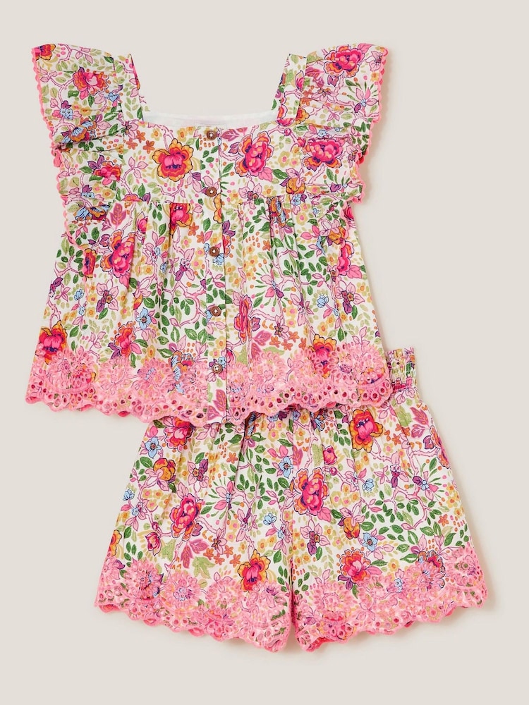 Monsoon Pink Floral Broderie Top and Shorts Set - Image 2 of 4