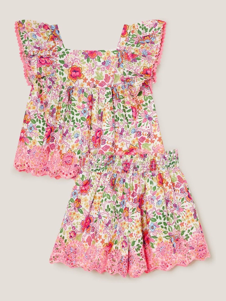 Monsoon Pink Floral Broderie Top and Shorts Set - Image 3 of 4