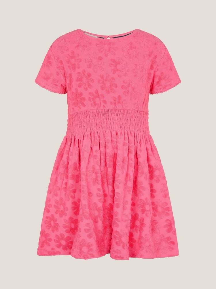 Monsoon Pink Floral Print Terry 100% Cotton Dress - Image 1 of 3