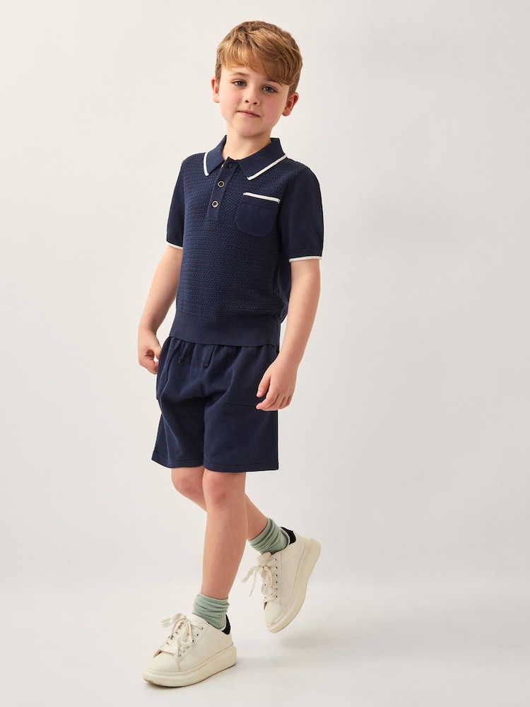Monsoon Blue Knitted Polo Shirt and Shorts Set - Image 1 of 4