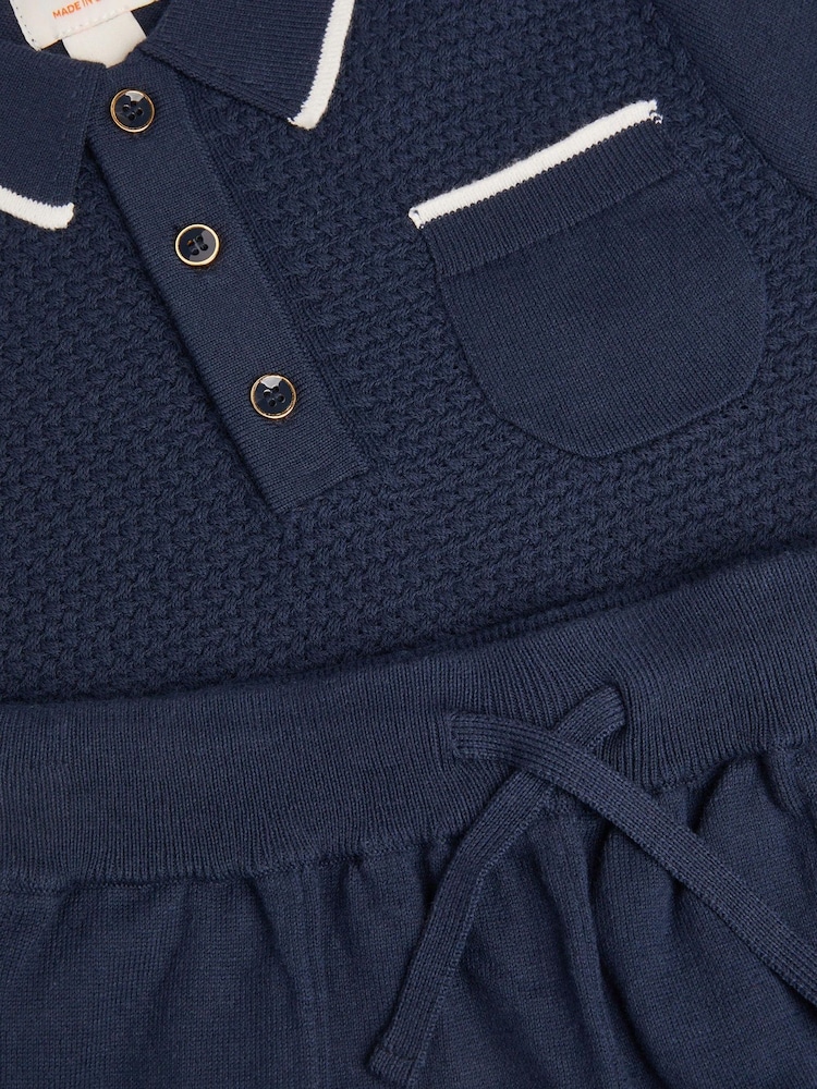 Monsoon Blue Knitted Polo Shirt and Shorts Set - Image 4 of 4