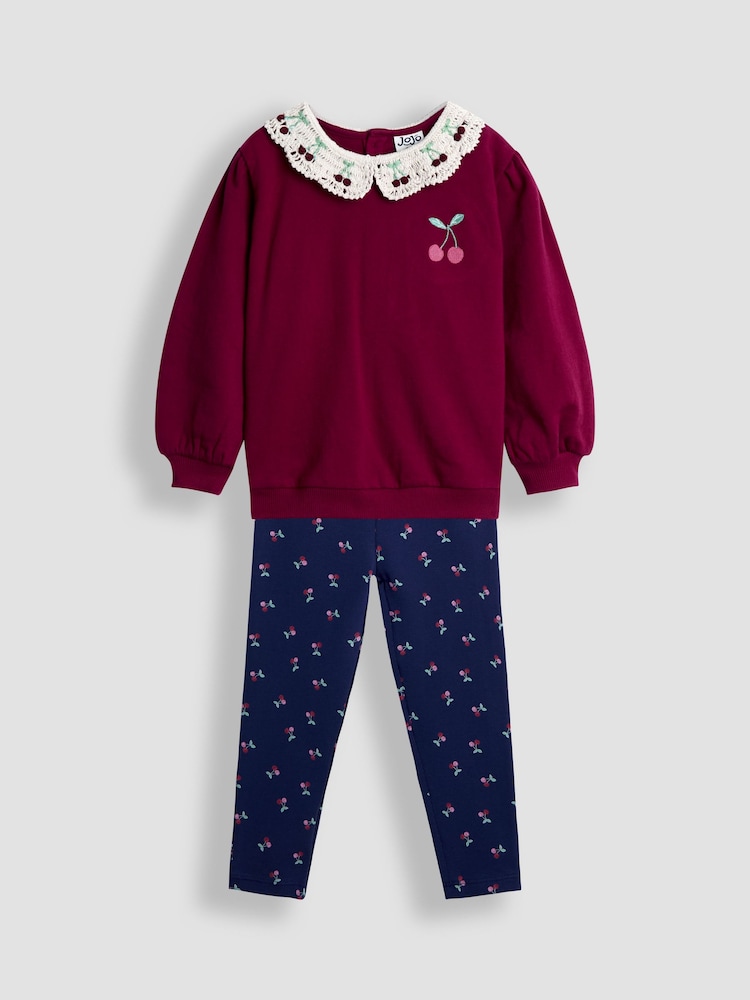 JoJo Maman Bébé Purple Cherry Crochet Collar Sweatshirt & Legging Set - Image 1 of 6