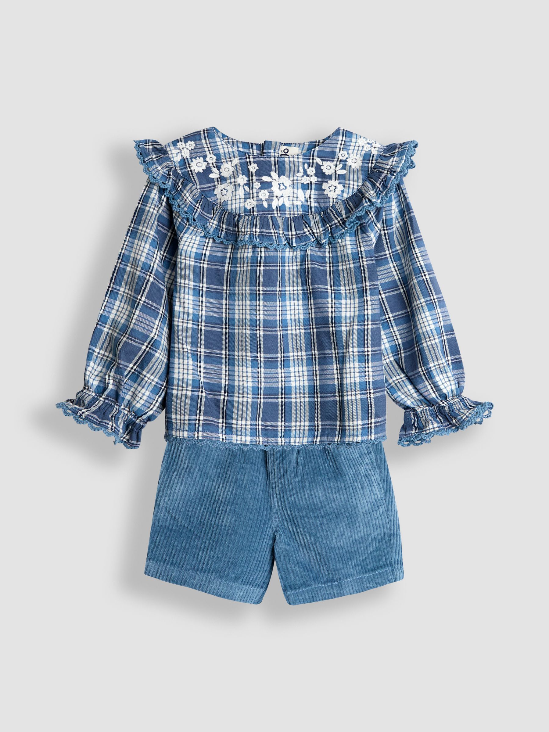 JoJo Maman Bébé Blue Embroidered Blouse & Shorts Set