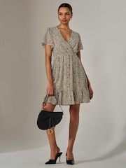 Jolie Moi Cream Chiffon Short Sleeve Tie Waist Mini Dress - Image 1 of 6