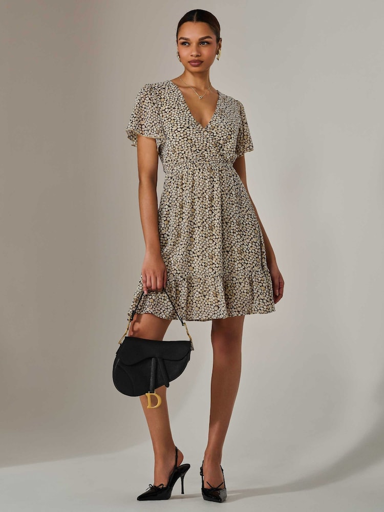 Jolie Moi Cream Chiffon Short Sleeve Tie Waist Mini Dress - Image 1 of 6