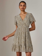 Jolie Moi Cream Chiffon Short Sleeve Tie Waist Mini Dress - Image 4 of 6