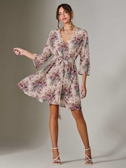 Jolie Moi Cream Chiffon 3/4 Sleeve Mini Dress - Image 1 of 6