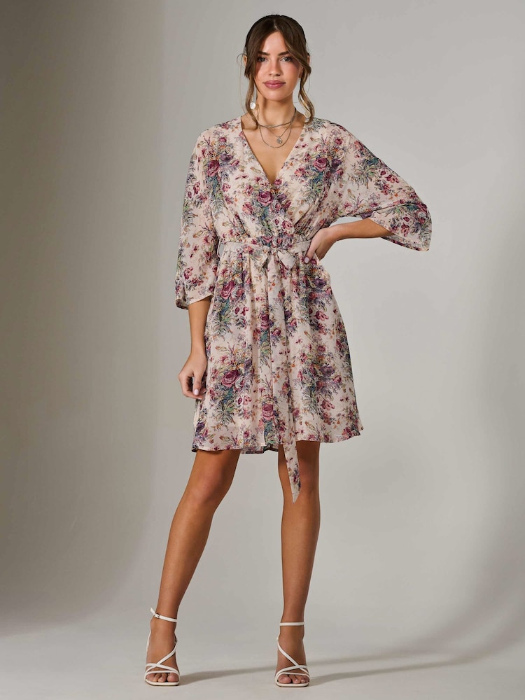 Jolie Moi Cream Chiffon 3/4 Sleeve Mini Dress - Image 6 of 6