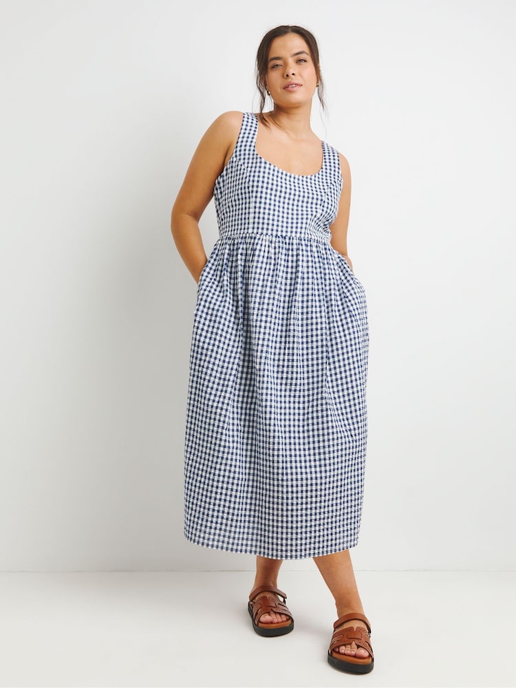 Simply Be Blue Gingham Midi Apron 100% Cotton Dress - Image 1 of 4 Simply Be Blue Gingham Midi Apron 100% Cotton Dress - Image 1 of 4