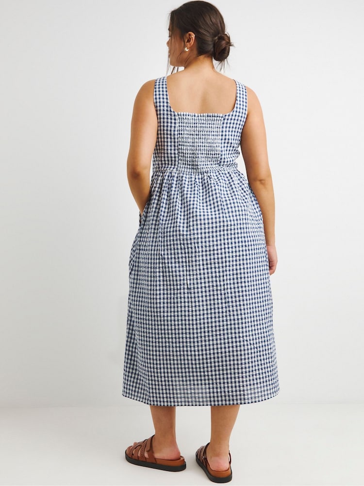 Simply Be Blue Gingham Midi Apron 100% Cotton Dress - Image 2 of 4