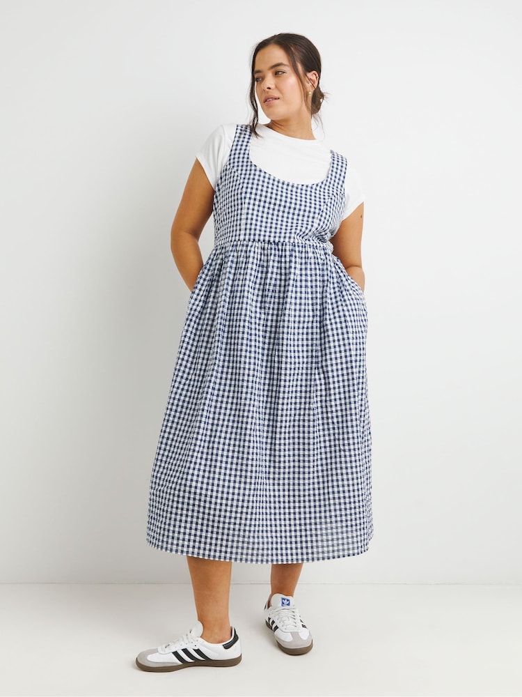Simply Be Blue Gingham Midi Apron 100% Cotton Dress - Image 4 of 4