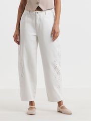 Simply Be White Broderie Barrel 100% Cotton Jeans - Image 1 of 4