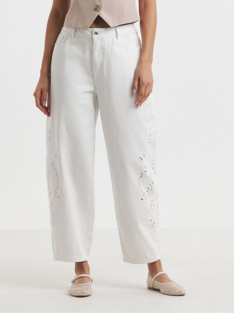 Simply Be White Broderie Barrel 100% Cotton Jeans - Image 1 of 4