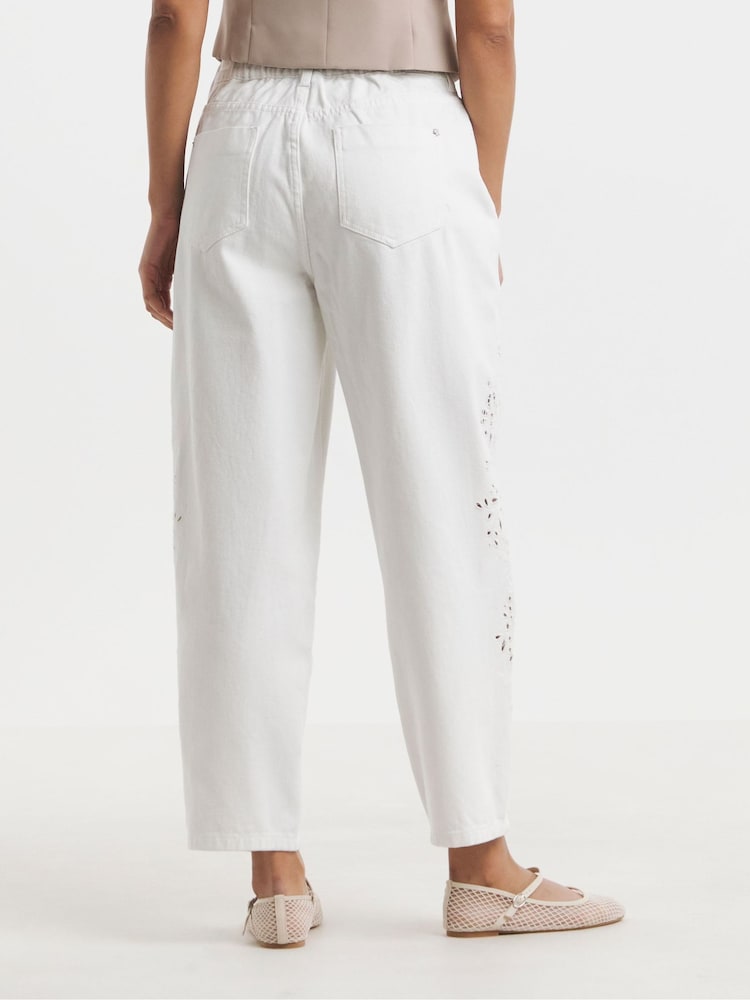 Simply Be White Broderie Barrel 100% Cotton Jeans - Image 2 of 4