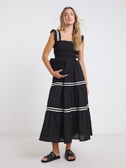 Simply Be Black Shirred Maxi Dress With Scallop Detail - Image 1 of 4