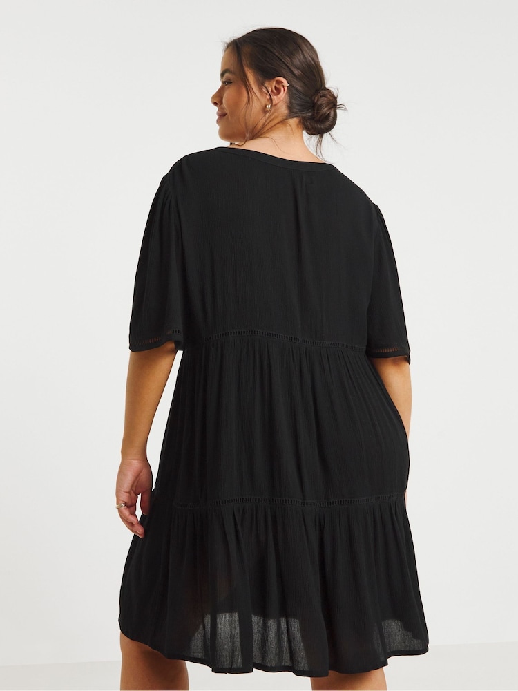 Simply Be Black Crinkle Tiered Ladder Trim Smock Dress - Image 2 of 4