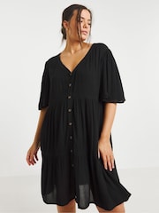 Simply Be Black Crinkle Tiered Ladder Trim Smock Dress - Image 4 of 4