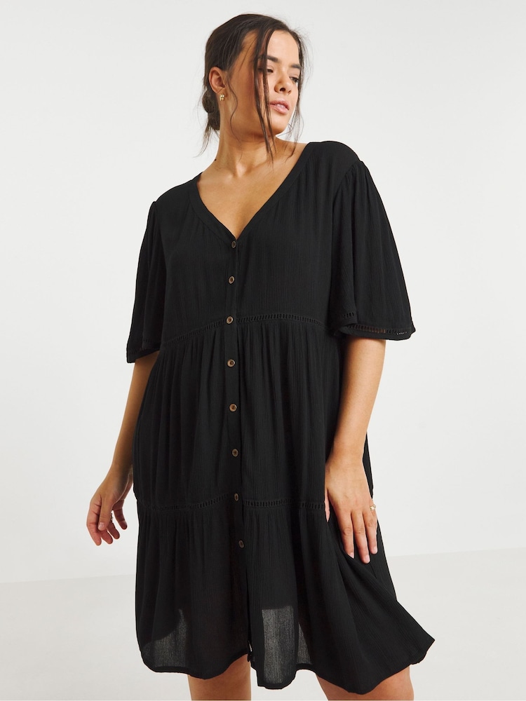 Simply Be Black Crinkle Tiered Ladder Trim Smock Dress - Image 4 of 4