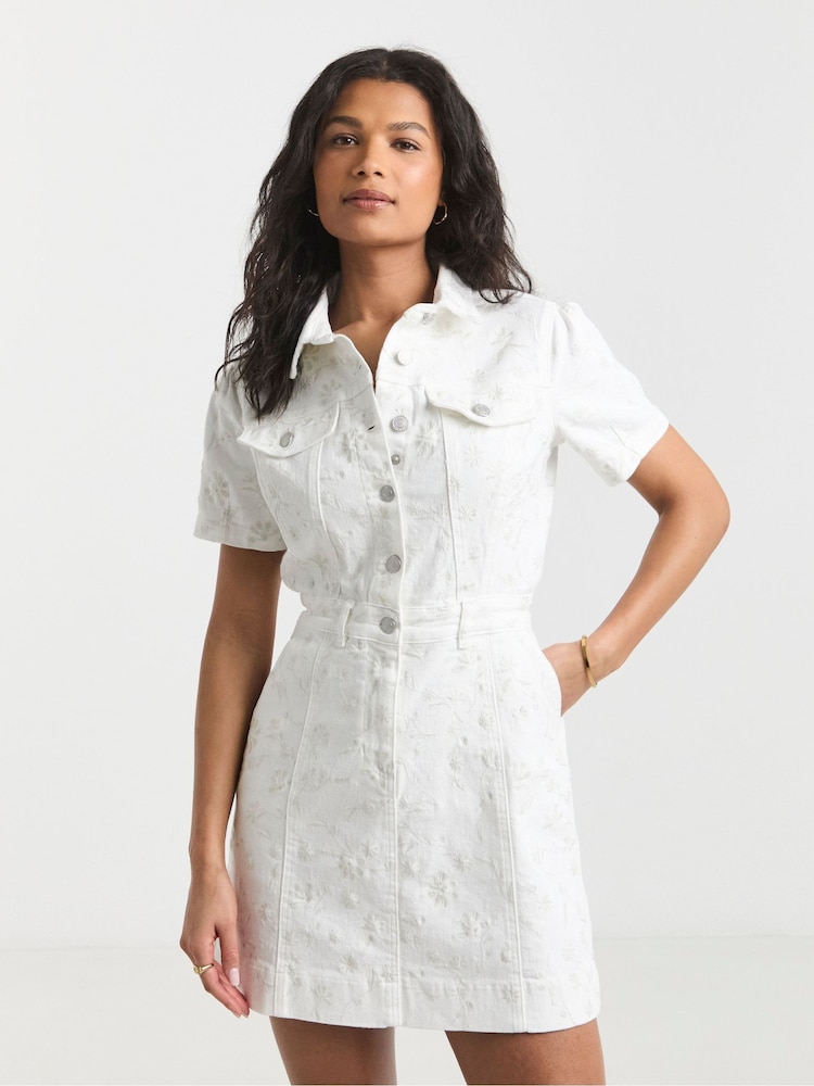 Simply Be White All Over Embroidered Floral Denim 100% Cotton Dress - Image 1 of 4