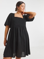 Simply Be Black Linen Shirred Skater Dress - Image 2 of 4