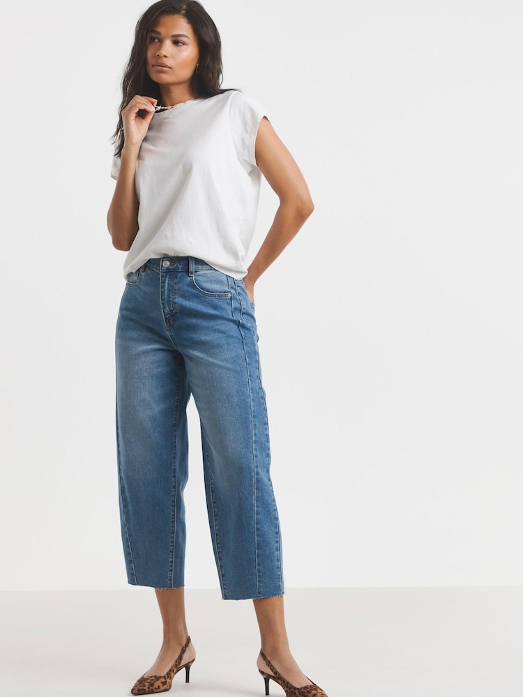 Simply Be Blue Cropped Barrel Leg Jeans - Image 1 of 4