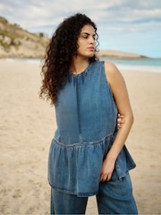 Simply Be Blue Sleeveless Denim Peplum Top - Image 1 of 6