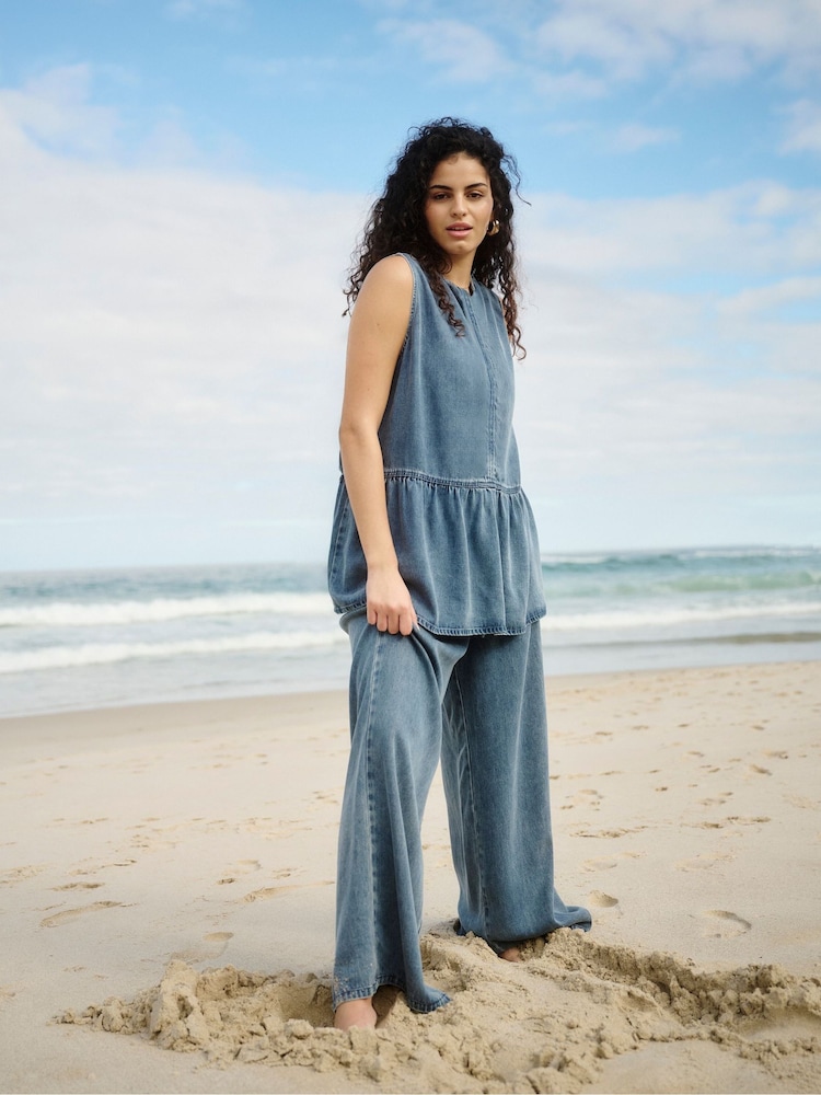 Simply Be Blue Sleeveless Denim Peplum Top - Image 6 of 6