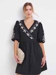Simply Be Black Embroidered Poplin Wrap Dress - Image 1 of 4