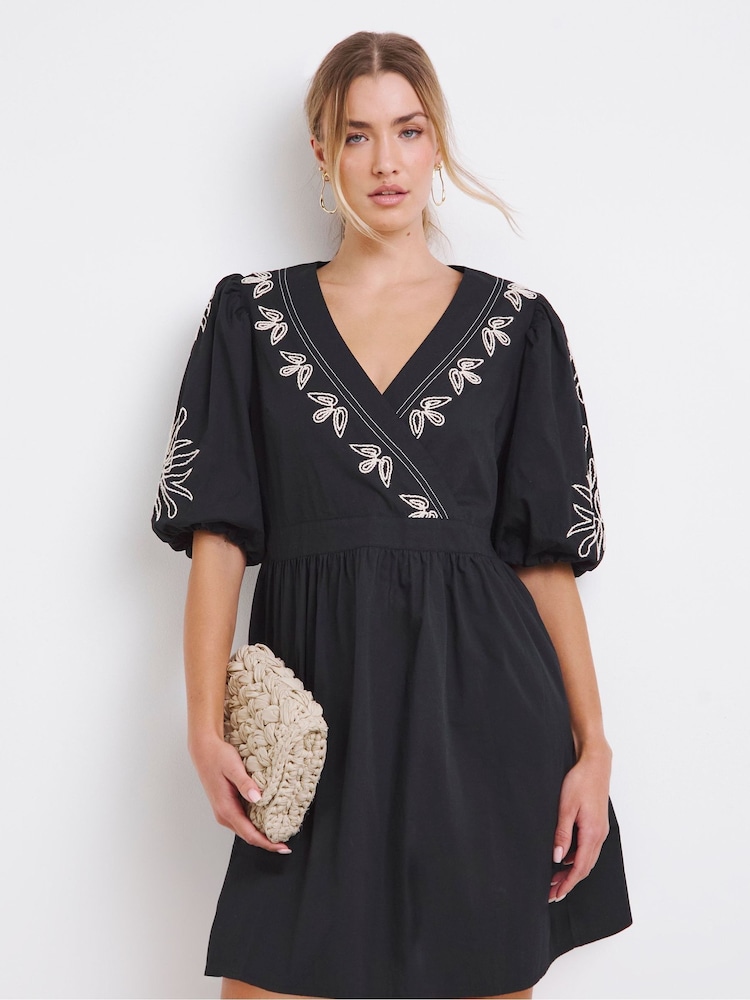 Simply Be Black Embroidered Poplin Wrap Dress - Image 1 of 4