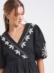 Simply Be Black Embroidered Poplin Wrap Dress - Image 3 of 4
