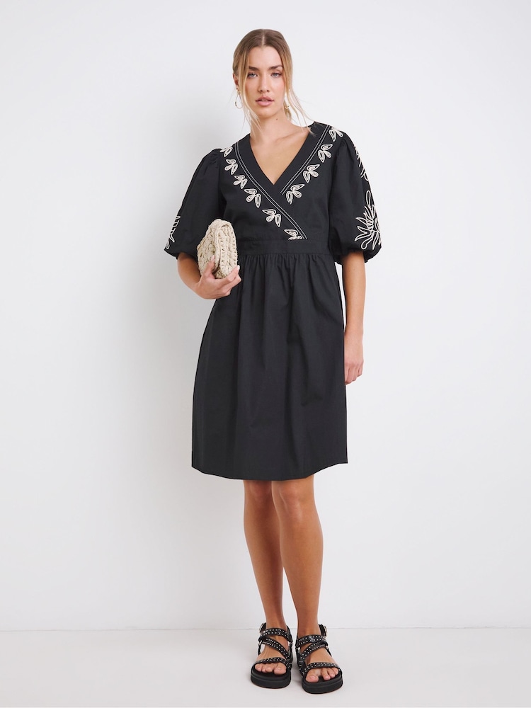 Simply Be Black Embroidered Poplin Wrap Dress - Image 4 of 4