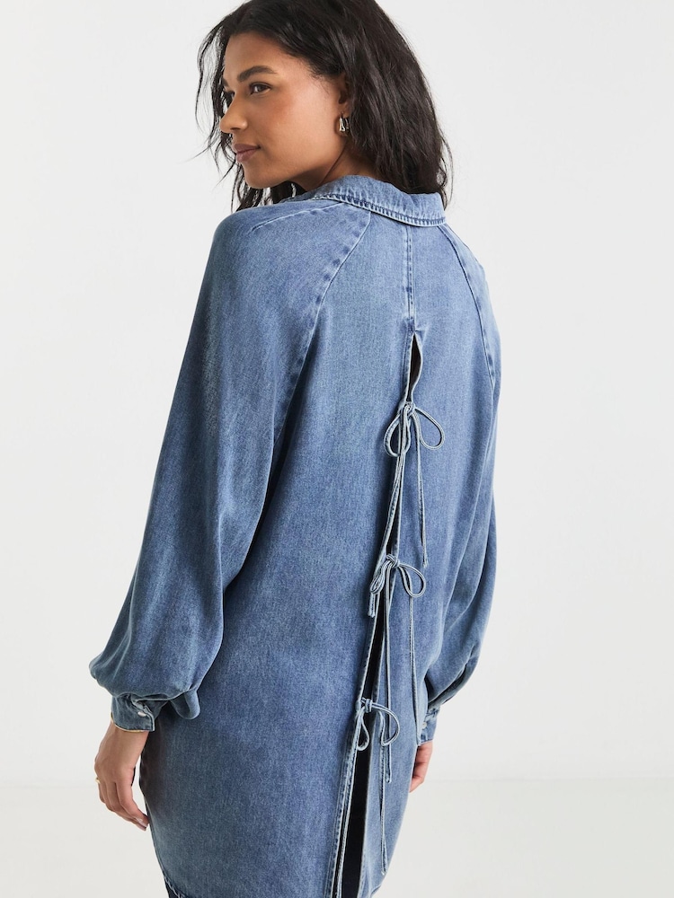 Simply Be Light Wash Tie Back Denim Shirt - Imagen 1 de 4