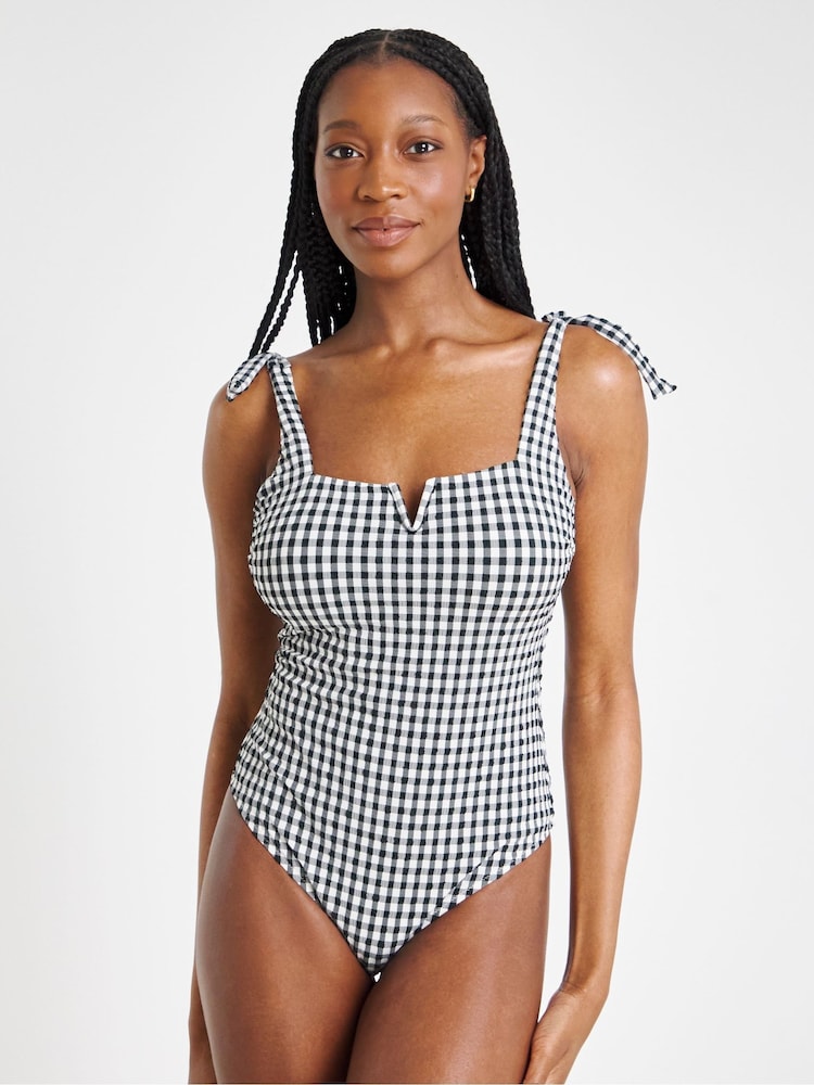 Simply Be Black Magisculpt Contour Me Shoulder Tie Detail Swimsuit - Image 1 of 5