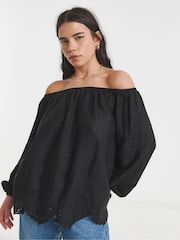 Simply Be Black Cutwork Linen Bardot Top - Image 1 of 4