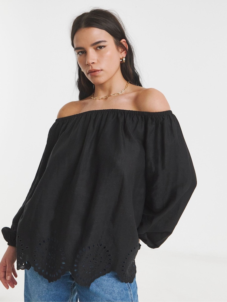 Simply Be Black Cutwork Linen Bardot Top - Image 1 of 4