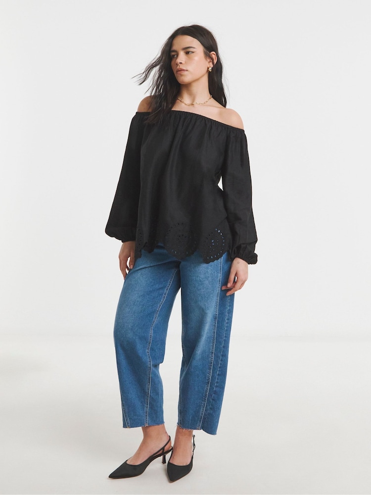 Simply Be Black Cutwork Linen Bardot Top - Image 4 of 4 Simply Be Black Cutwork Linen Bardot Top - Image 4 of 4