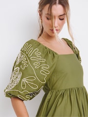 Simply Be Green Embroidered Sleeve Midi 100% Cotton Dress - Image 1 of 4