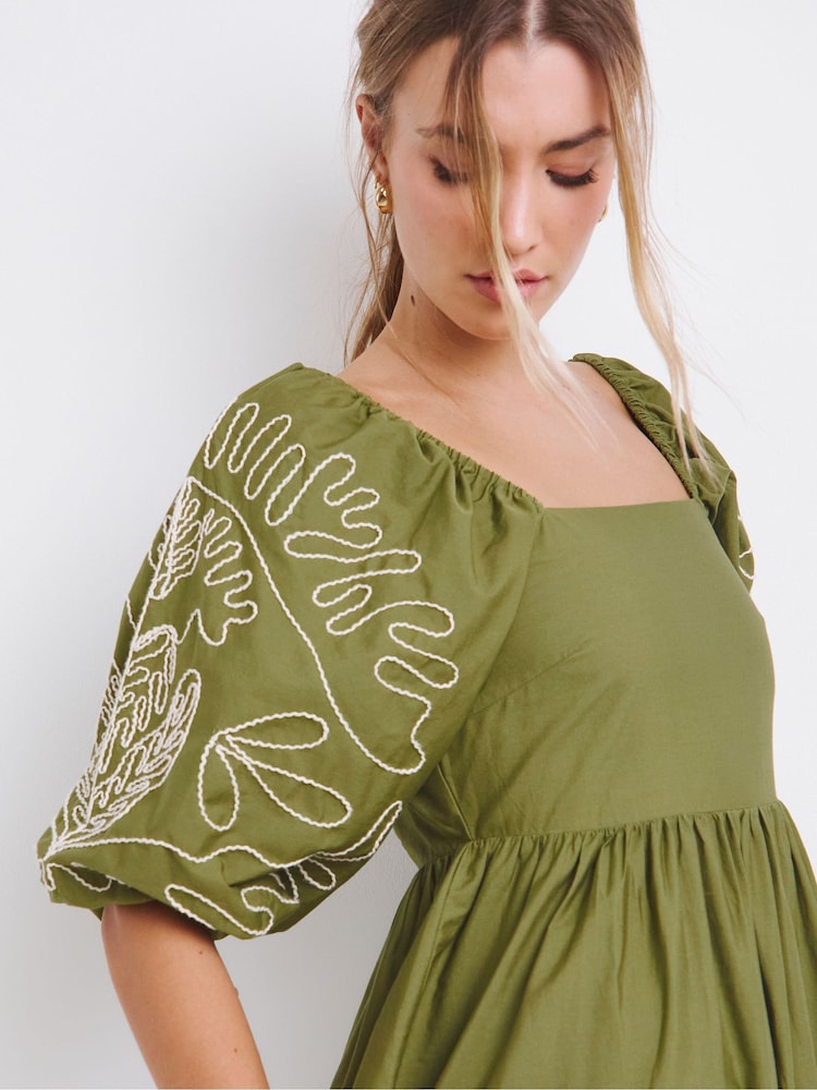 Simply Be Green Embroidered Sleeve Midi 100% Cotton Dress - Image 1 of 4