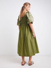 Simply Be Green Embroidered Sleeve Midi 100% Cotton Dress - Image 2 of 4