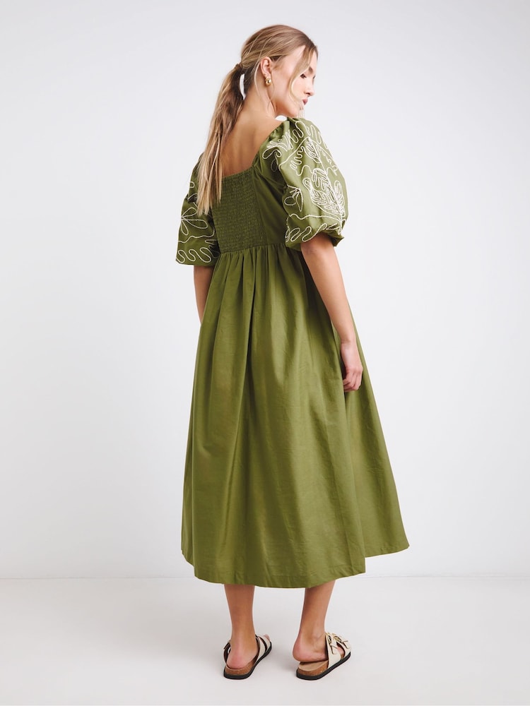 Simply Be Green Embroidered Sleeve Midi 100% Cotton Dress - Image 2 of 4