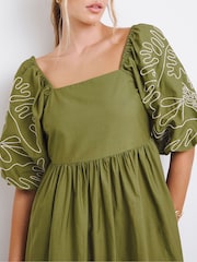 Simply Be Green Embroidered Sleeve Midi 100% Cotton Dress - Image 3 of 4