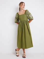 Simply Be Green Embroidered Sleeve Midi 100% Cotton Dress - Image 4 of 4