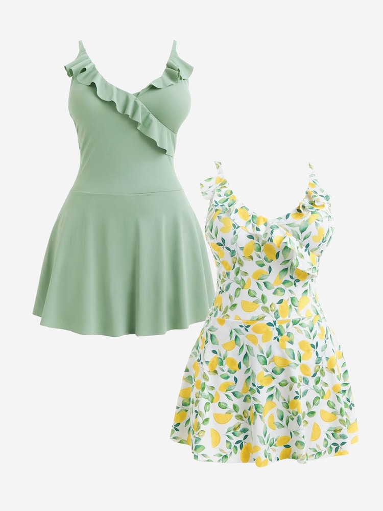 Simply Be Lemon Print/Green Value Swimdress 2 Pack - Image 1 of 6 Simply Be Lemon Print/Green Value Swimdress 2 Pack - Image 1 of 6